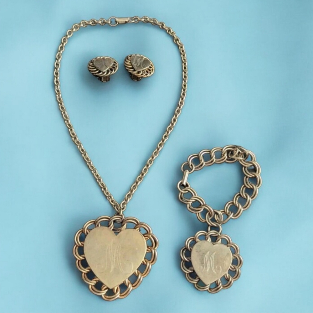 Vtg Gold Tone Heart Medallion Monogram M Necklace Clip on Earrings Bracelet Set
